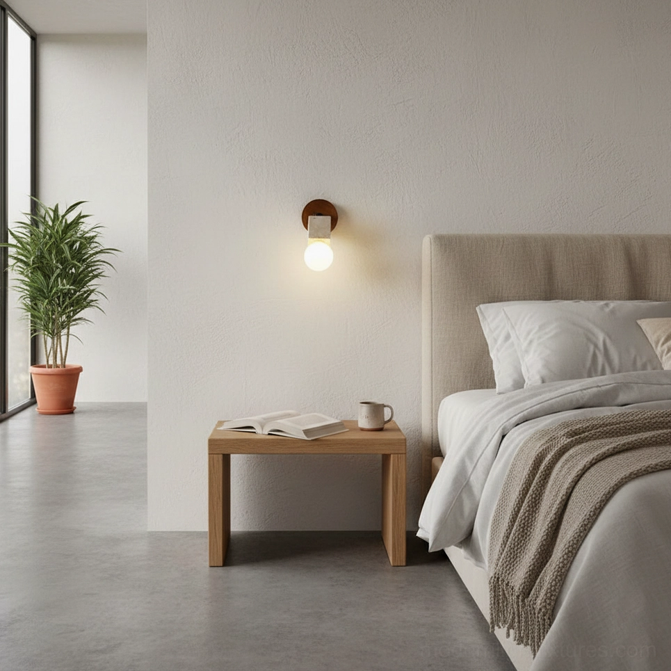 Single bezel travertine wall lamp above wooden nightstand in modern master bedroom