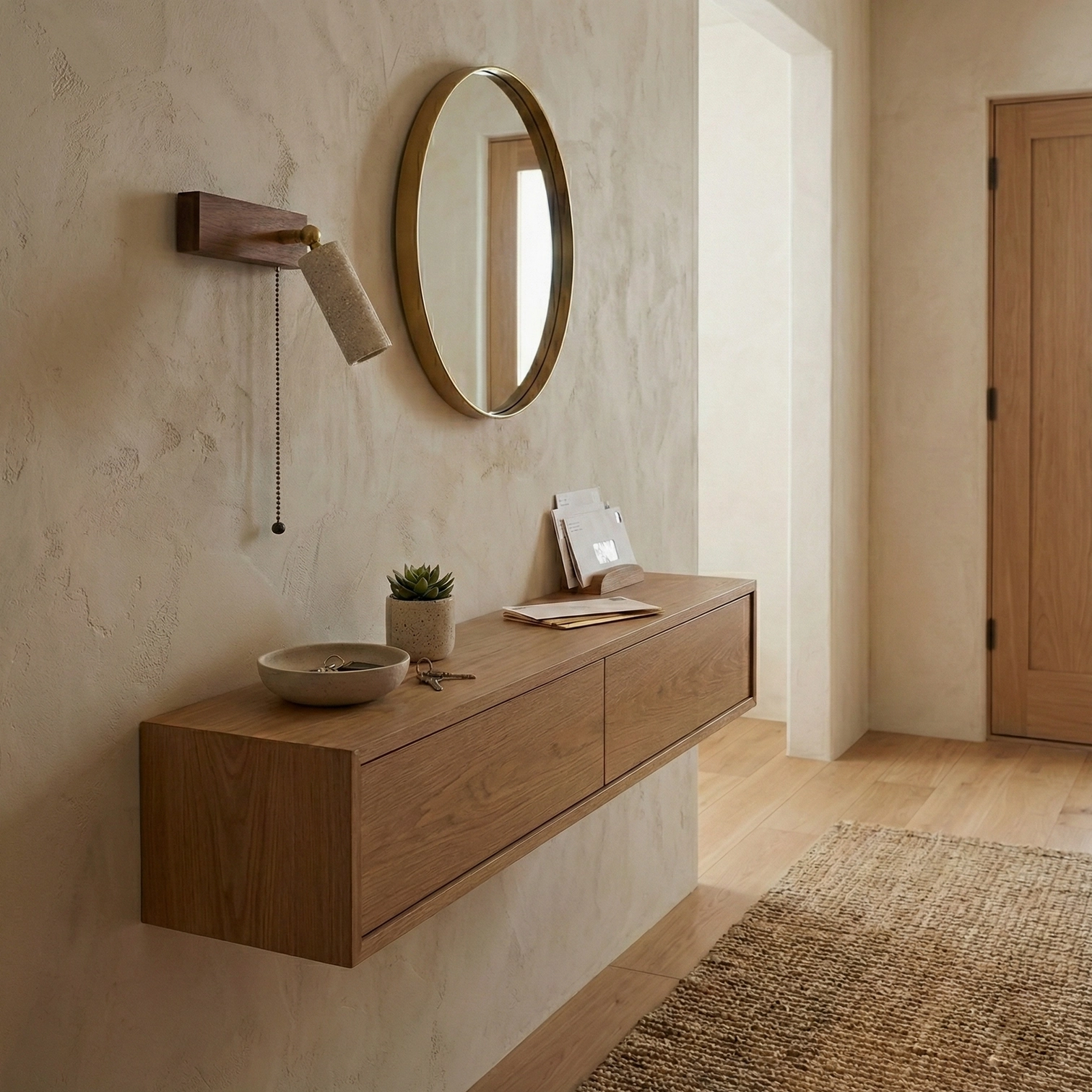 Entryway vanity area featuring travertine wall sconce with beige stone shade above floating shelf – neutral home decor