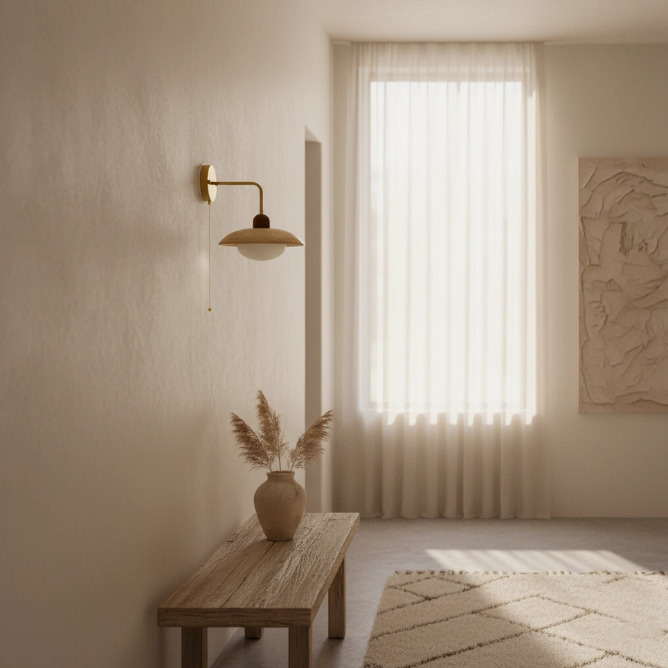 Paired travertine wall lamps beside abstract artwork in Nordic style dining room interior