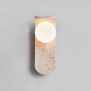 Modern travertine wall lamp with rounded stone mount and frosted glass - studio product shot