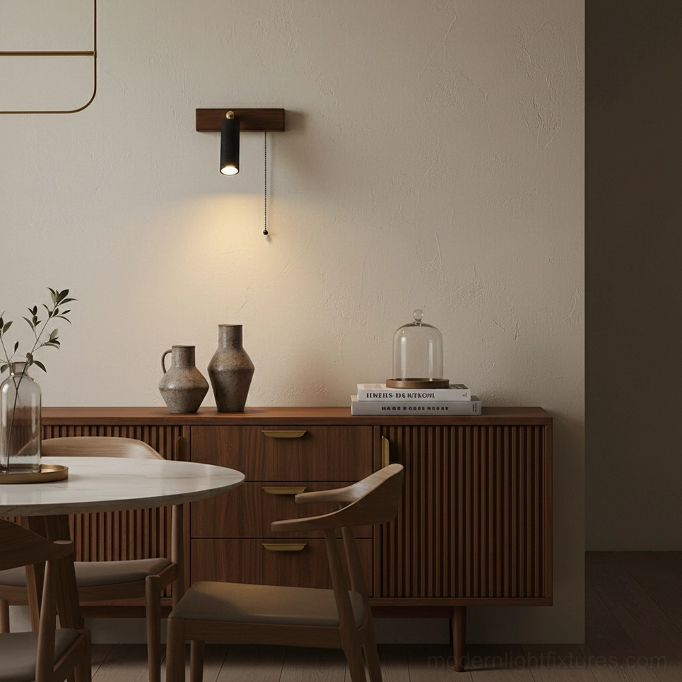 Artisanal travertine wall lamp with pull chain mechanism – wabi-sabi design aesthetic home lighting