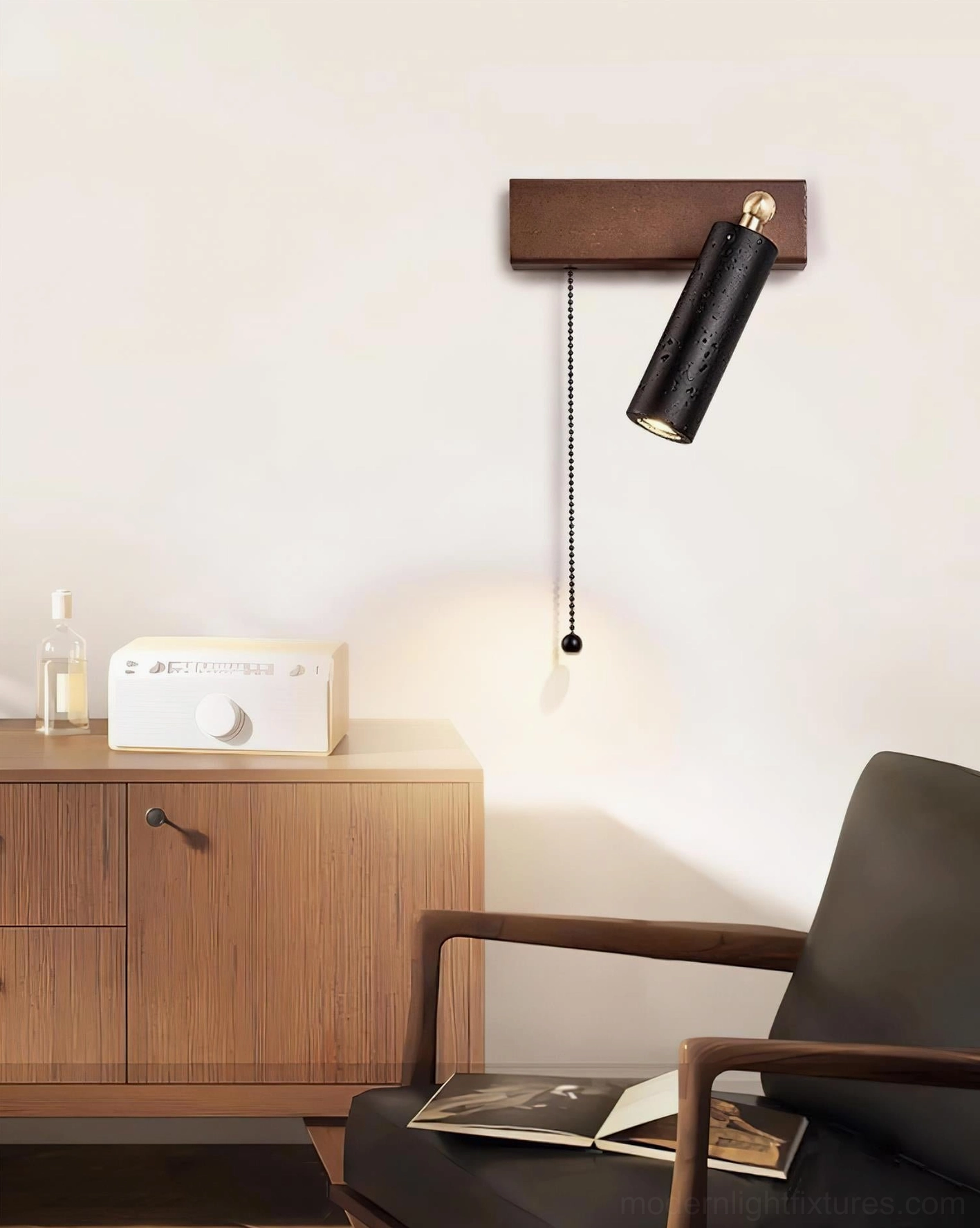 Contemporary travertine wall sconce creating warm diffused lighting in minimalist interior spaces