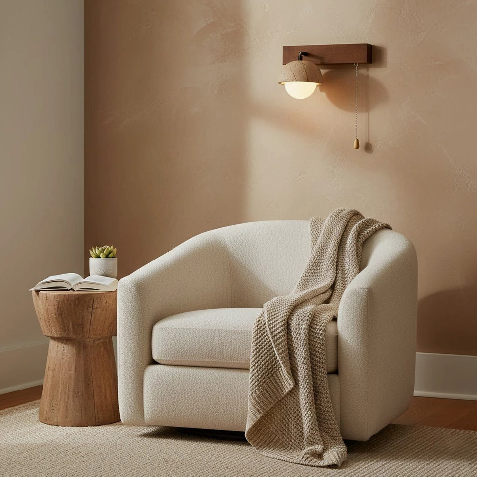 Contemporary travertine stone wall sconce in various wood finish options - color comparison