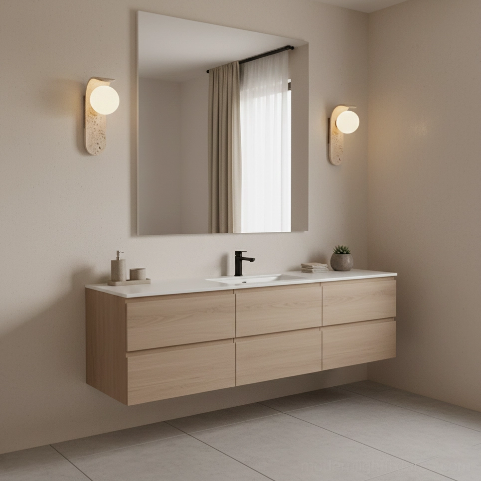 Two travertine wall lamps in modern bathroom - ambient lighting above wall-mounted vanity sink
