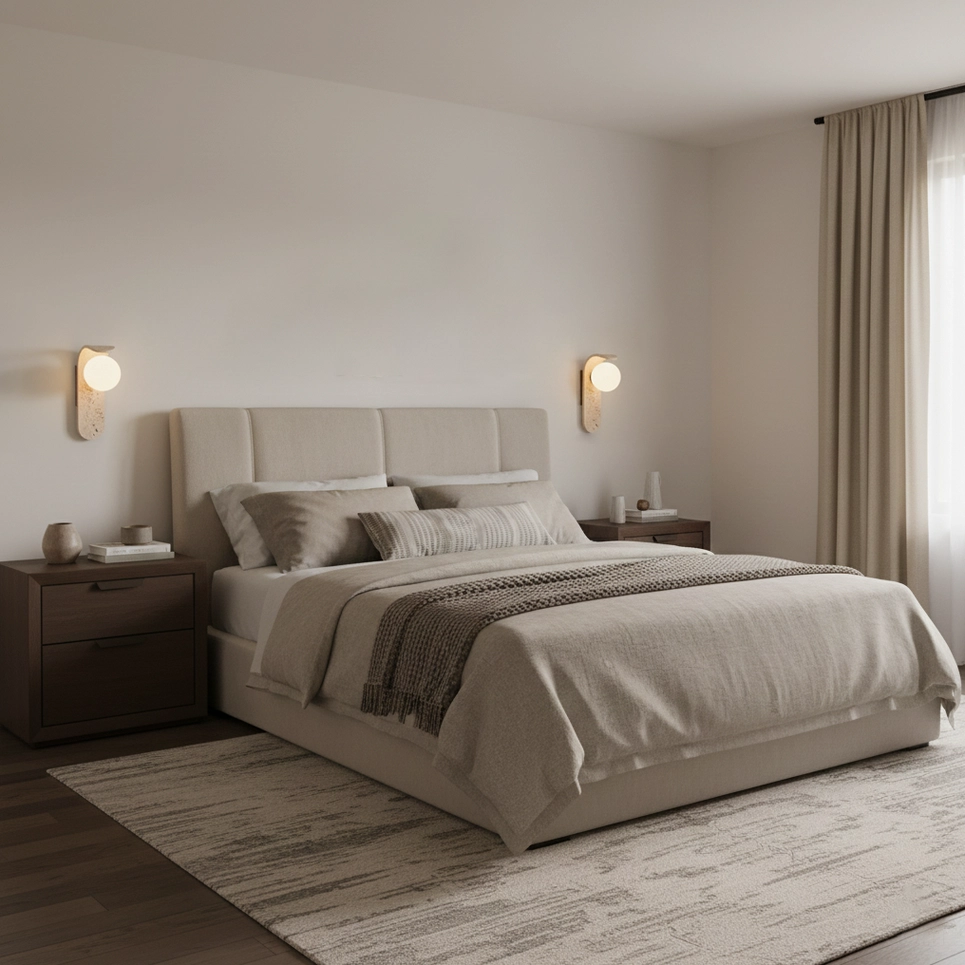 Modern travertine wall sconce with frosted glass - architectural lighting design element