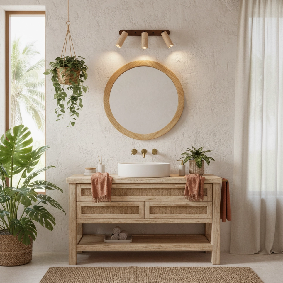 Ricerca 3-head travertine wall sconce installed in wabi-sabi bathroom vanity space with wooden round mirror