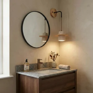 Modern travertine wall sconce installed above bathroom vanity mirror with warm ambient lighting