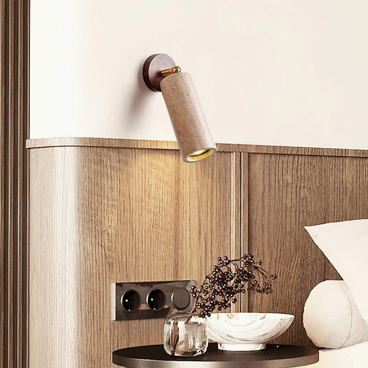 Mireille wall sconce installed in bedroom bedside ambiance with warm downlight on wooden panel wall