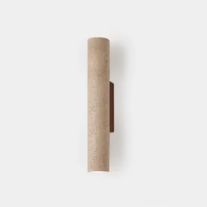 Beige travertine cylindrical wall sconce with dark walnut square mounting bracket, front view on white background