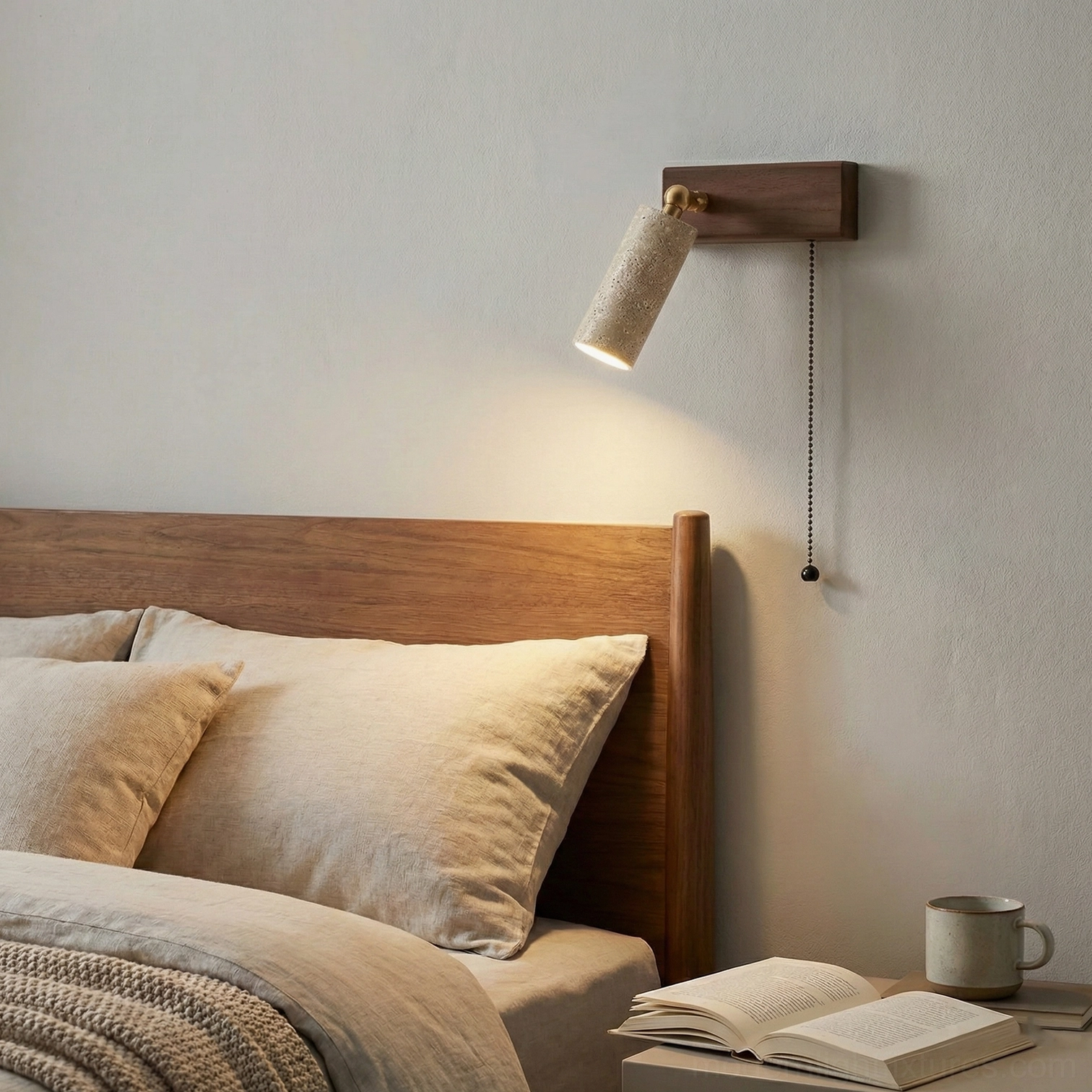 Bedroom bedside travertine wall sconce with beige porous stone shade creating warm ambient lighting and wabi-sabi aesthetic