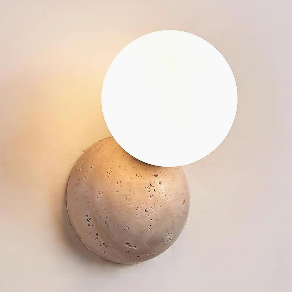 Dual travertine wall lamps with warm ambient lighting in modern cafe dining environment, cozy restaurant atmosphere