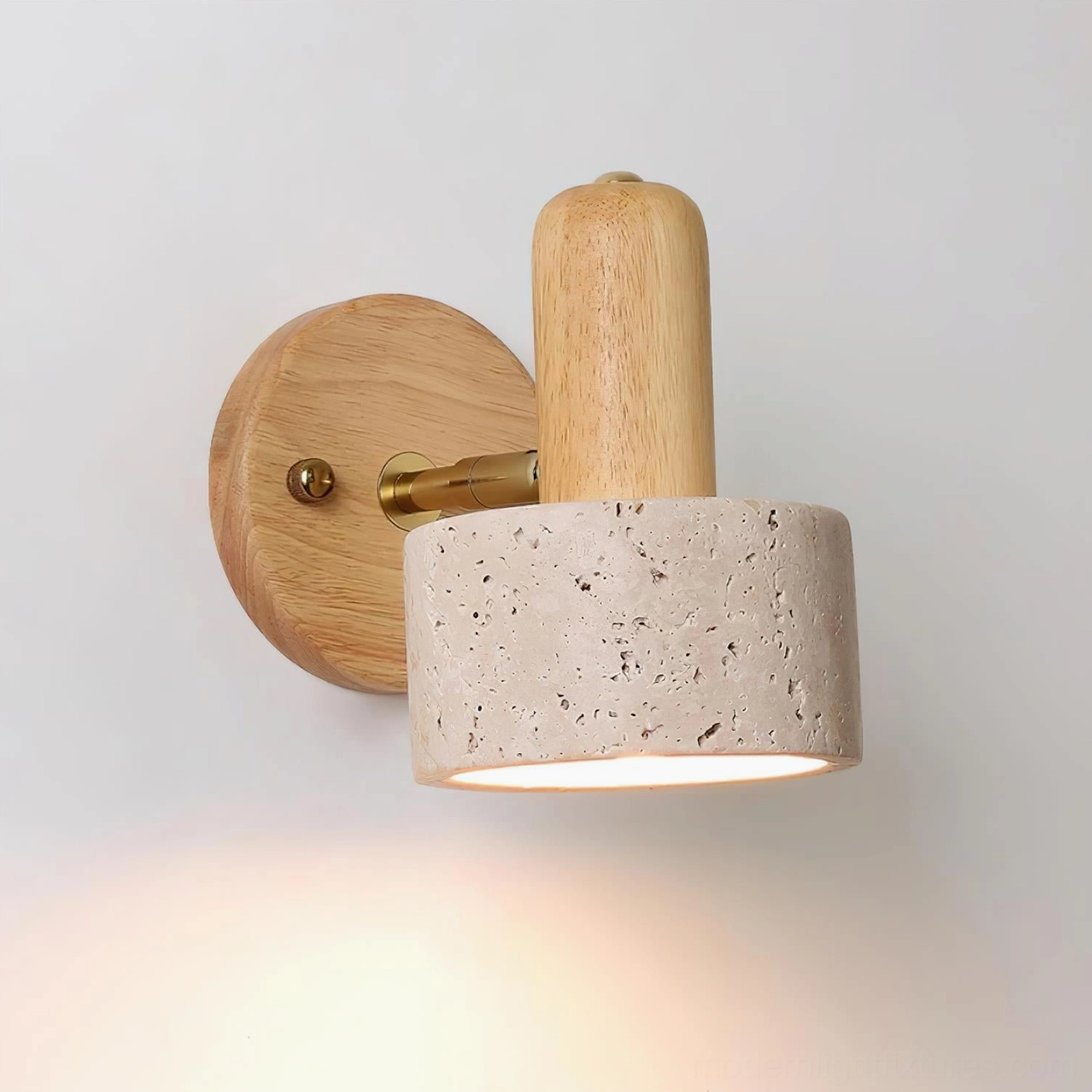 Multiple travertine wall sconce color and wood finish options displayed for design comparison