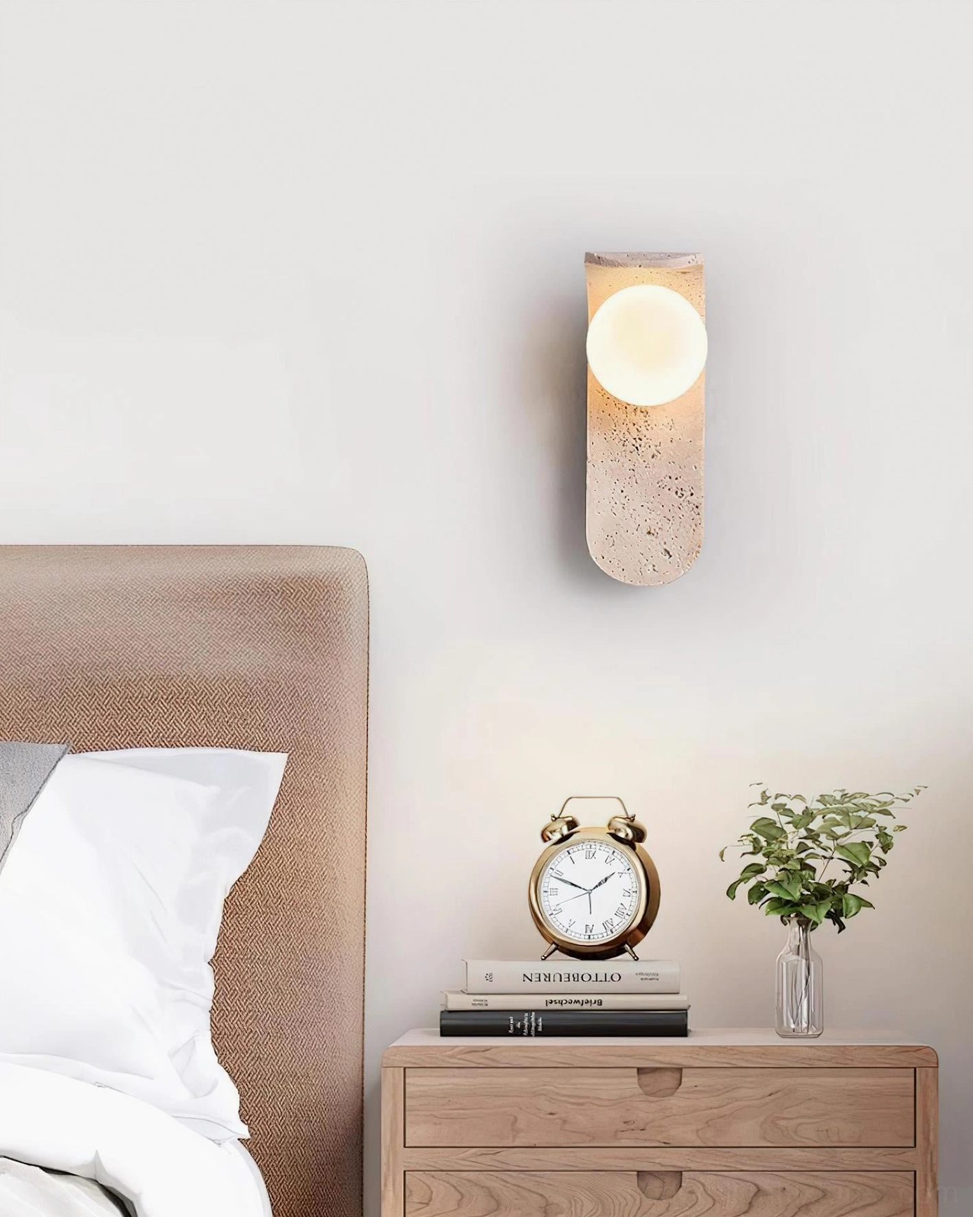 Contemporary travertine wall sconce - natural stone lighting fixture architectural element