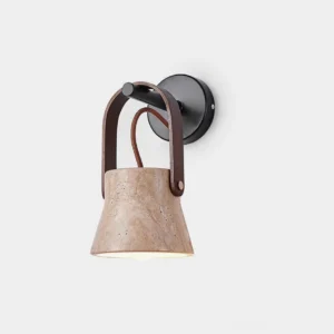 Travertine wall sconce with curved dark wood brackets front view on white background