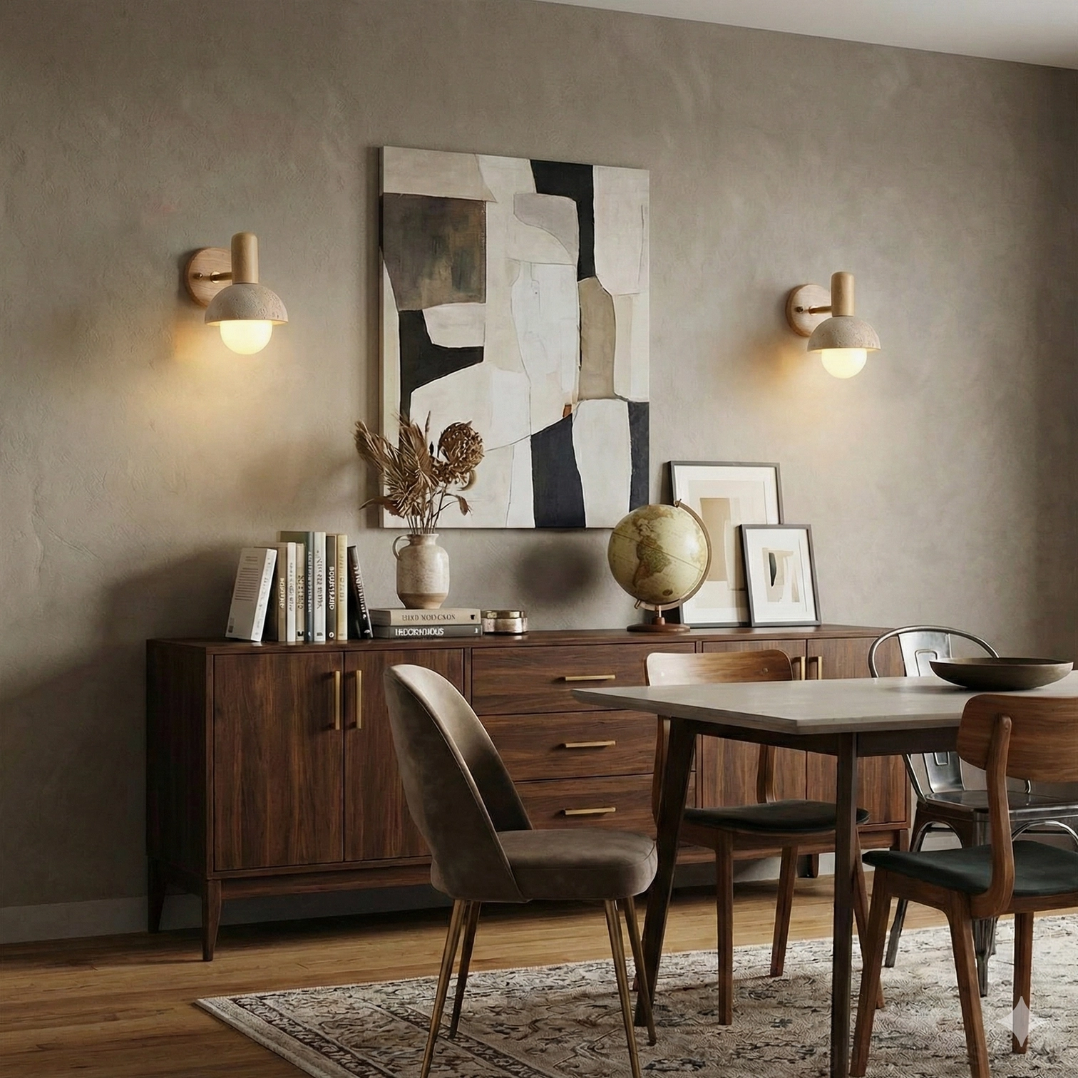 Dual travertine wall sconces mounted in warm rustic dining room with ambient lighting