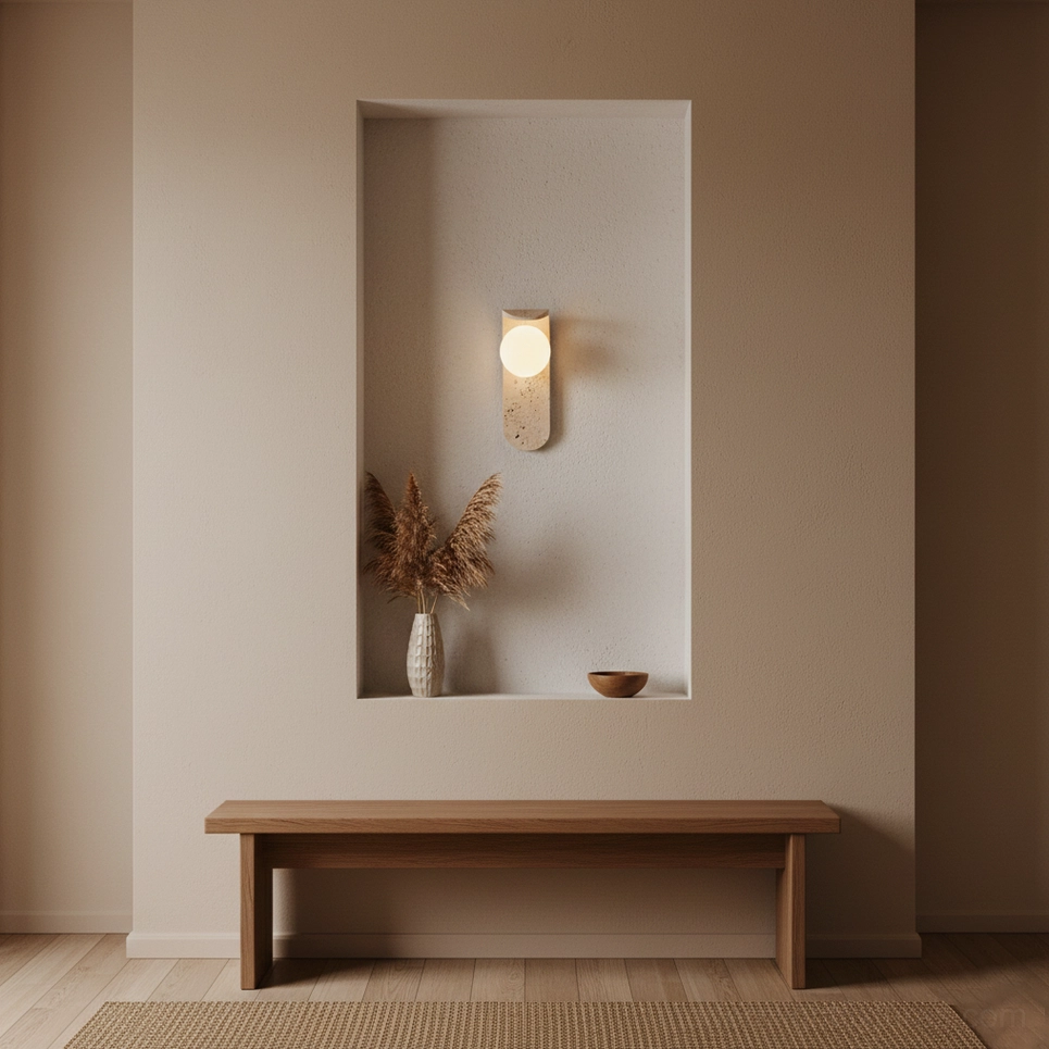 Travertine wall sconce in entryway with wooden bench - warm welcoming accent lighting