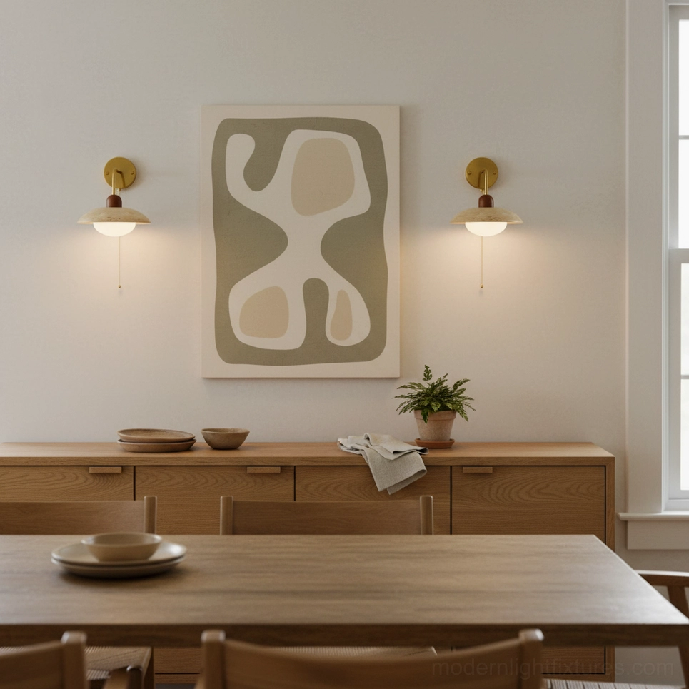 Travertine wall sconce in Nordic entryway showing cohesive contemporary lighting design aesthetic