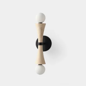 Travertine dual-globe wall sconce with black metal base, front studio view on white background, modern minimalist lighting fixture