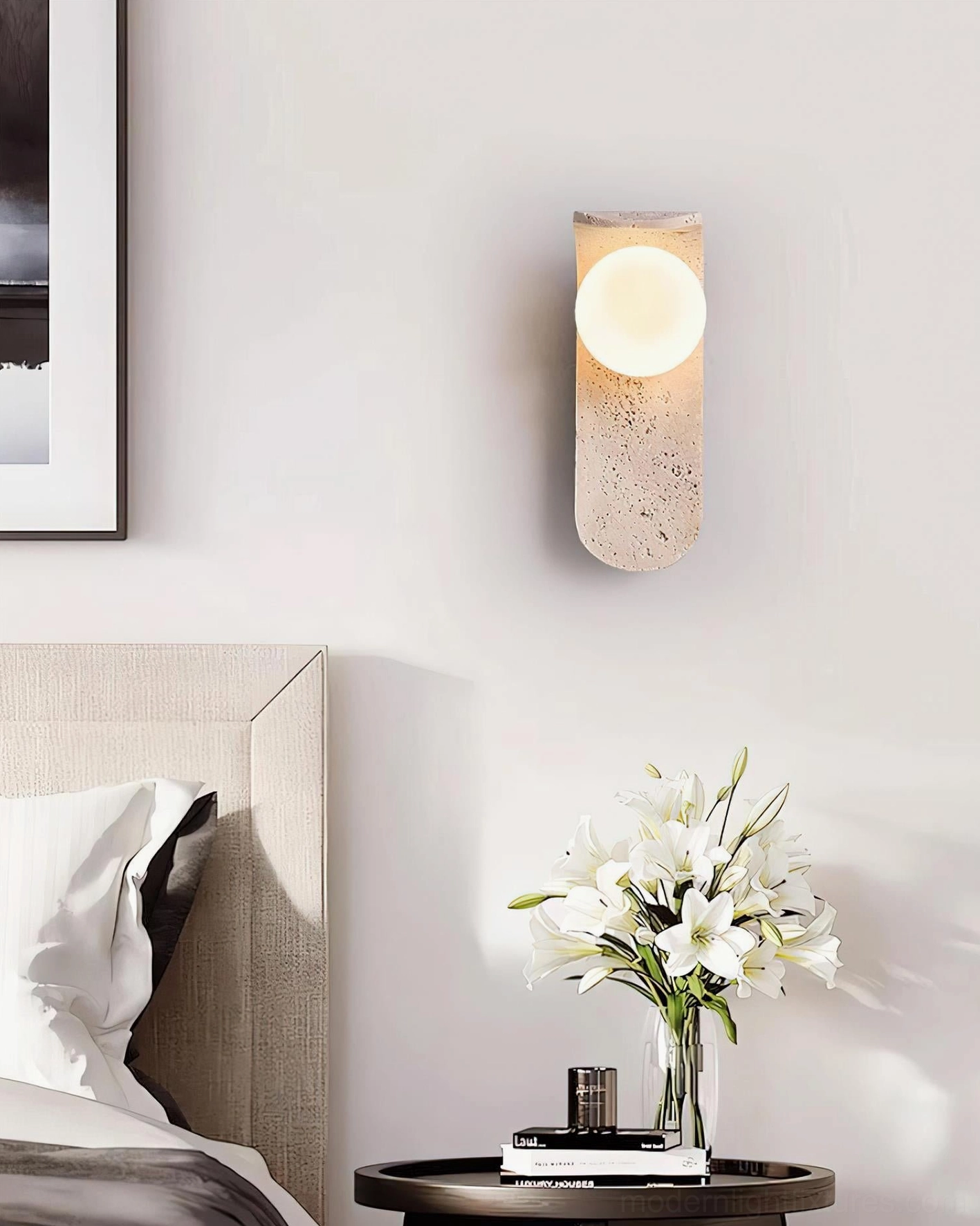Travertine wall sconce in neutral interior - integrated modern lighting design