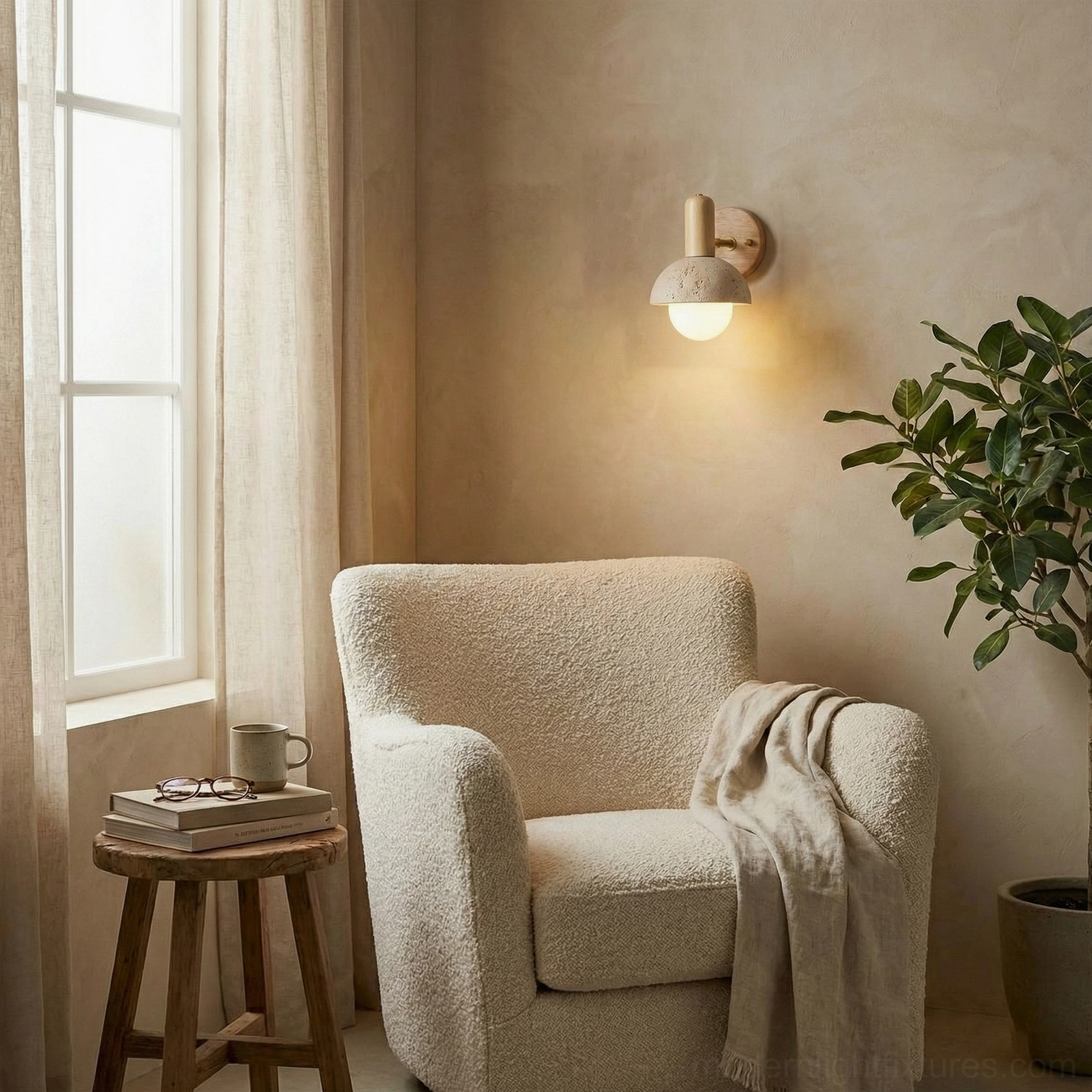 Travertine wall sconce mounted in minimalist living room creating cozy focal point lighting