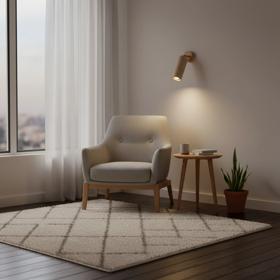 Mireille travertine wall sconce accent lighting above armchair in modern lounge sitting area with warm task light
