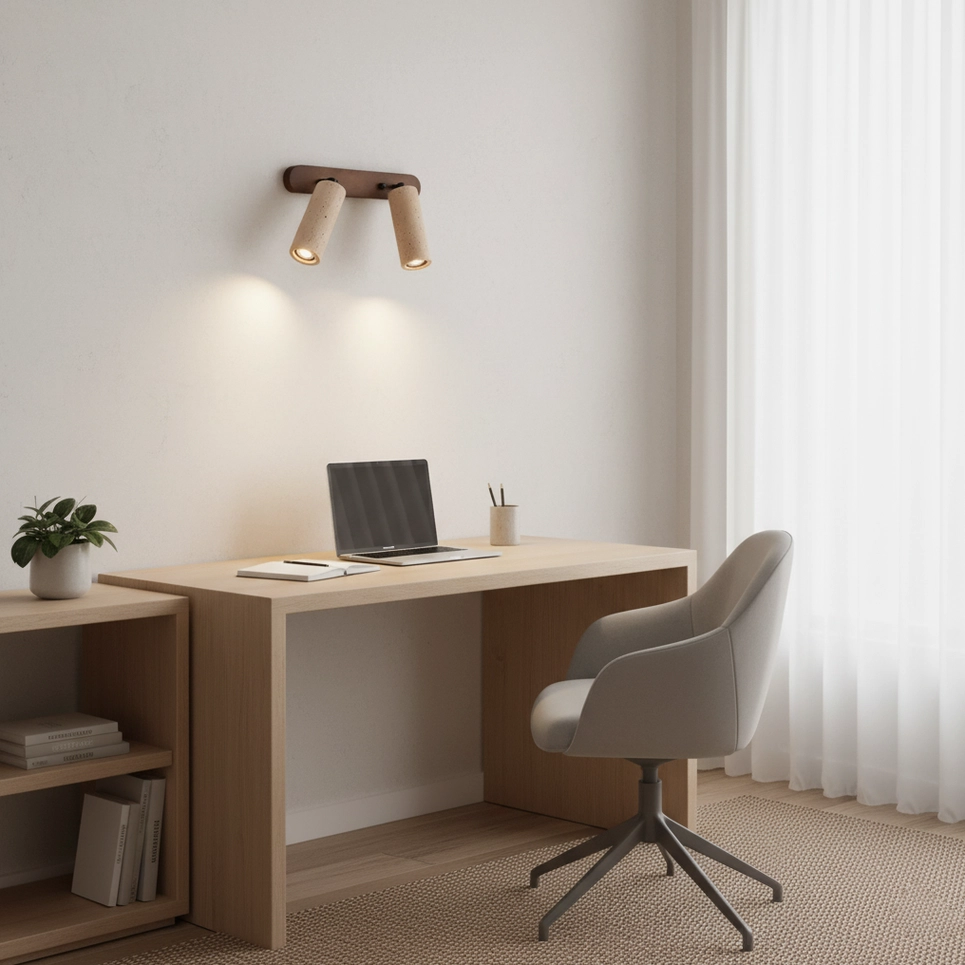 Ricerca travertine wall sconce product display highlighting walnut wood and stone material combination