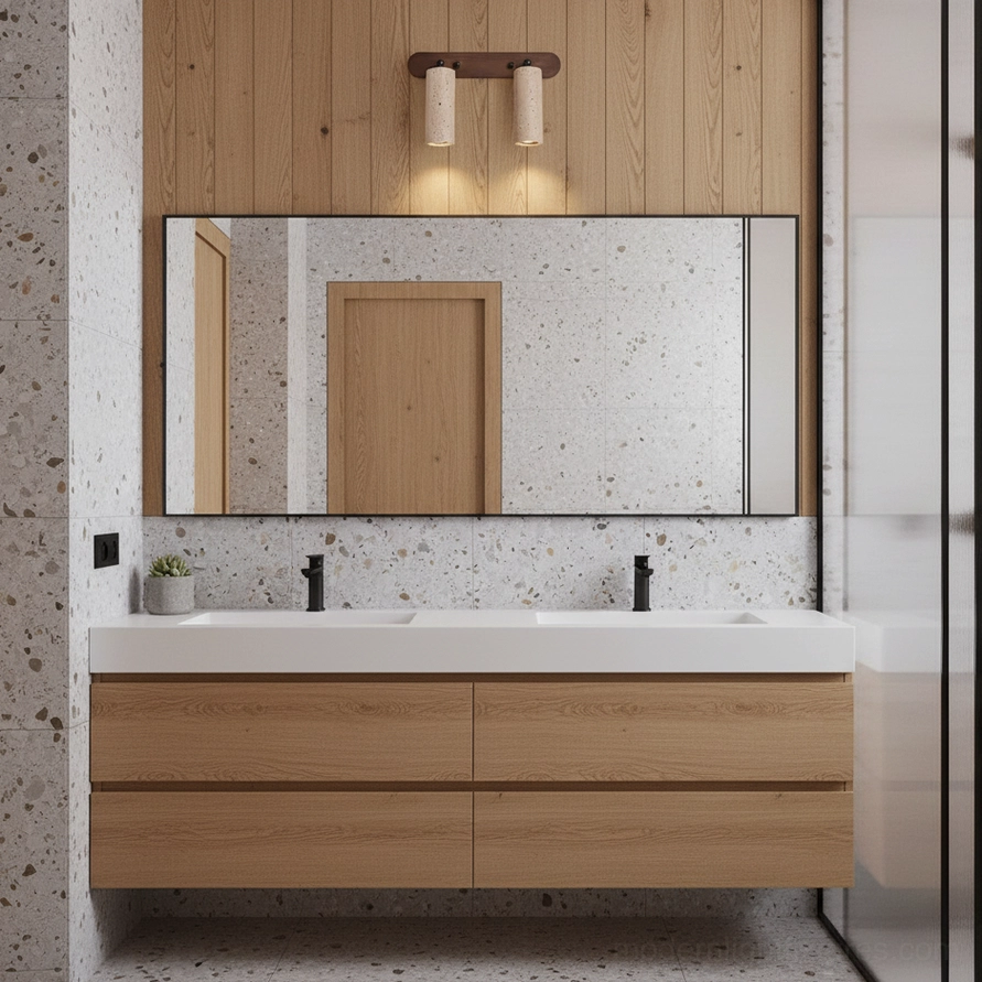 Ricerca 2-head travertine wall sconce mounted above large bathroom mirror with wooden wall paneling in modern bathroom