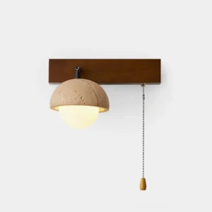 Modern travertine stone wall sconce with wooden backplate and pull-chain control - front studio view