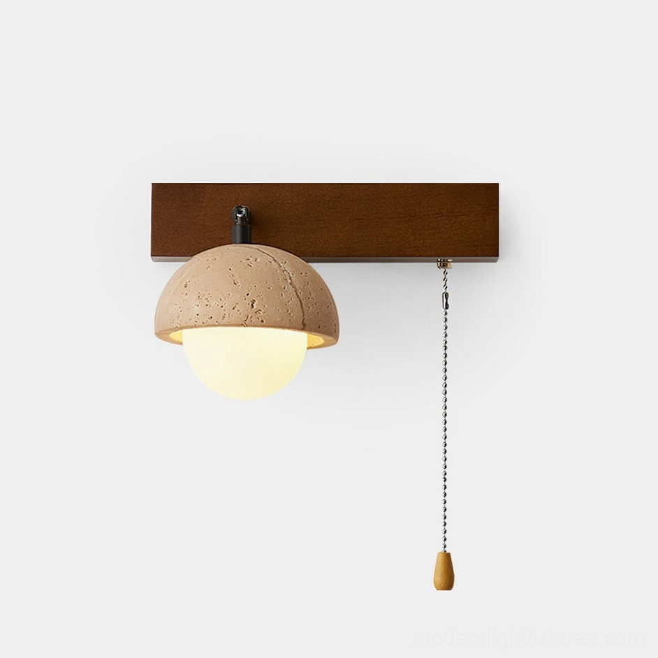 Modern travertine stone wall sconce with wooden backplate and pull-chain control - front studio view