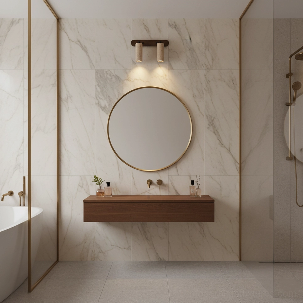 Ricerca travertine wall sconce architectural detail showing mounting mechanism and backplate assembly