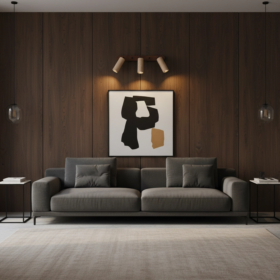 Ricerca travertine wall sconce in Scandinavian minimalist interior with natural light and wood finishes