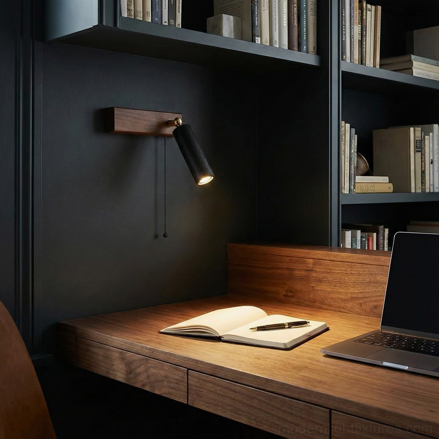 Contemporary travertine wall sconce featuring sculptural porous stone shade and walnut wood construction