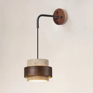 Natural travertine wall sconce side profile showing sculptural cylindrical form and warm wood grain detail