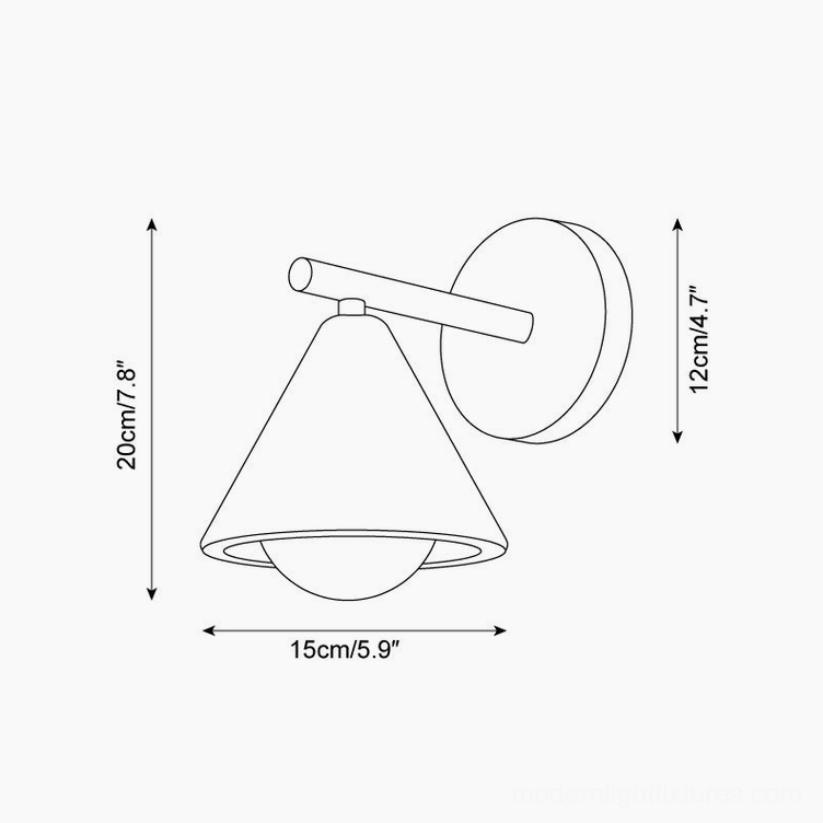 Technical orthographic drawing and dimensions of travertine conical wall sconce
