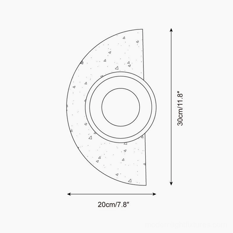Technical schematic and dimensions of travertine wood wall sconce showing 20cm width and 30cm height specifications