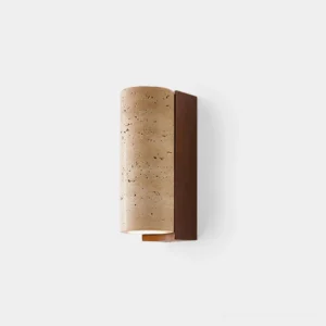 Travertine wall sconce with walnut wood base - front view on white background showcasing natural stone texture and minimalist modern design