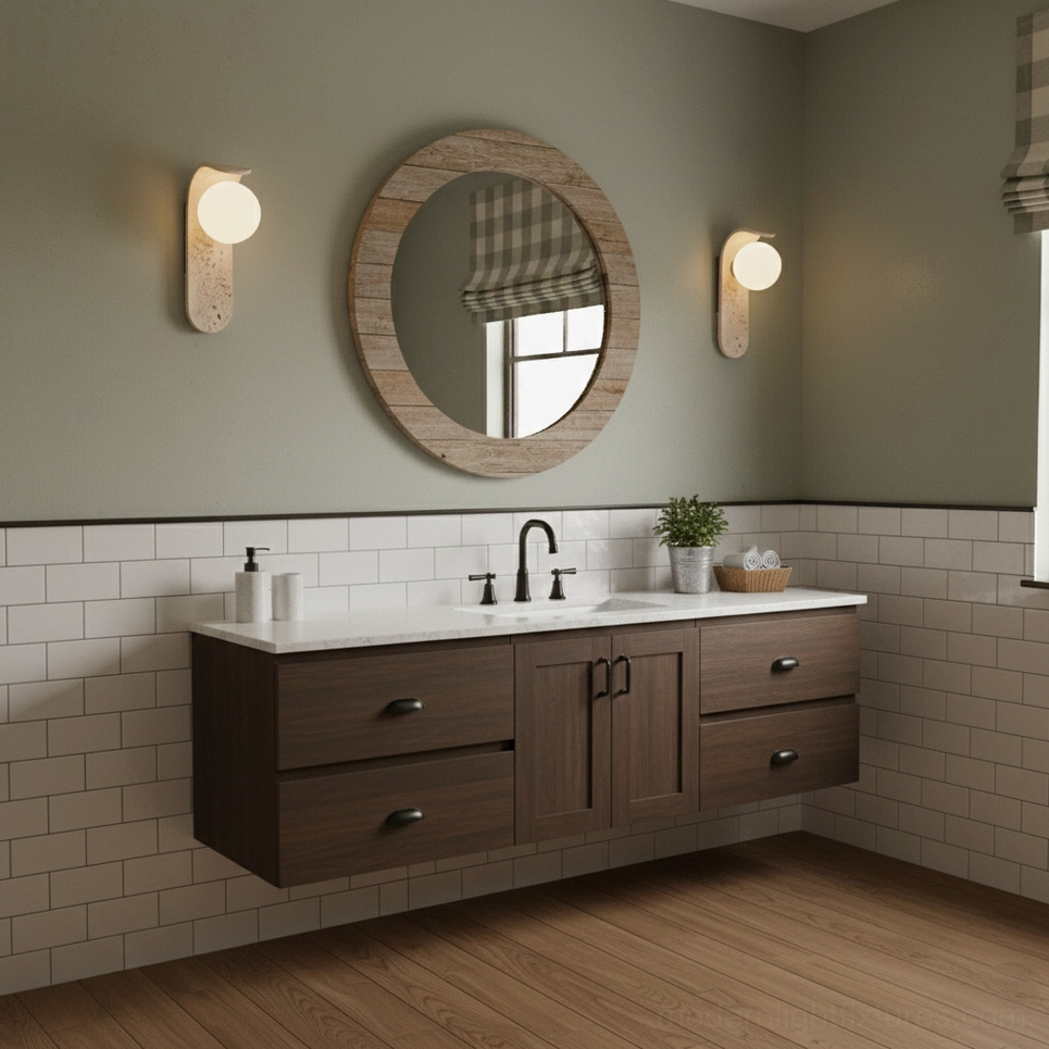 Matching travertine wall sconces flanking bathroom vanity mirror - rustic spa-like bathroom design