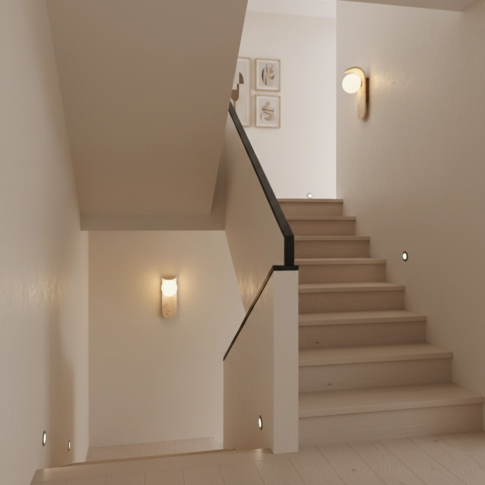 Pair of travertine wall sconces in modern bedroom - cozy ambient lighting on sofa bed wall