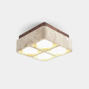 Travertine walnut modern ceiling light fixture with 5 warm light sources displayed on white background, overhead perspective showing natural stone texture