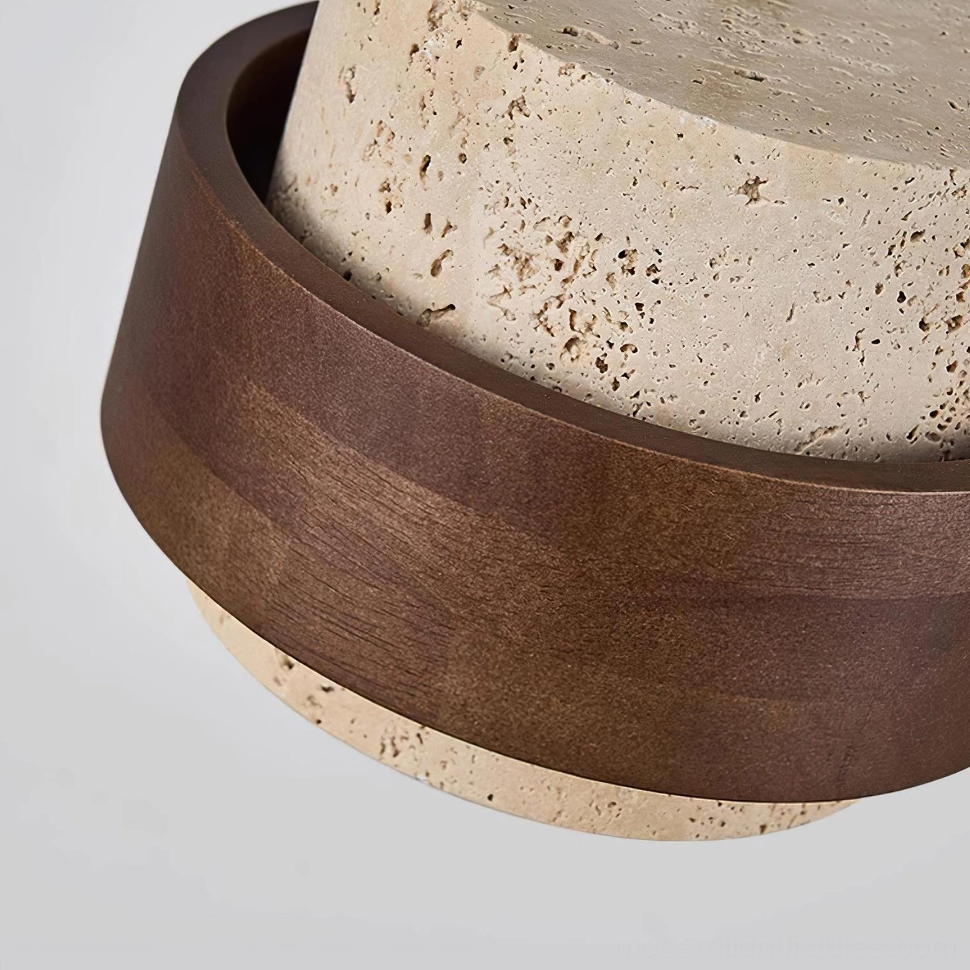 Natural stone travertine pendant lamp with walnut wood accent showing architectural design detail