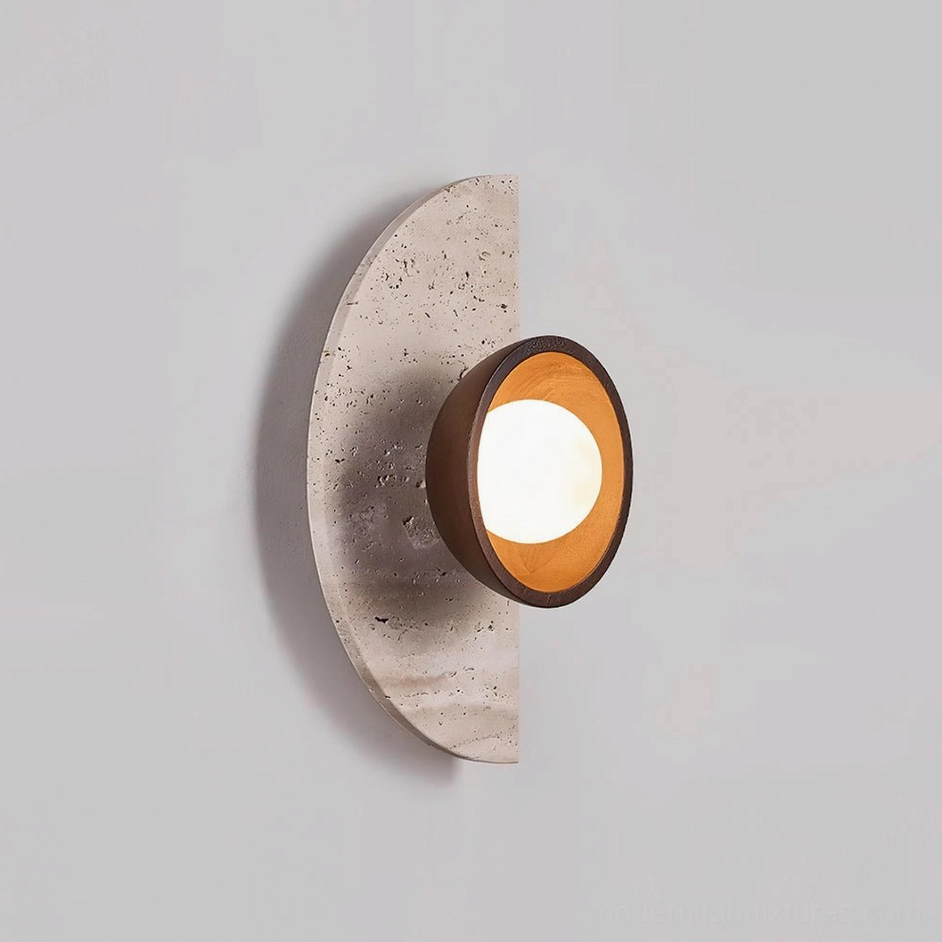 Travertine and walnut wood wall sconce with frosted glass diffuser in beige and wood color combination