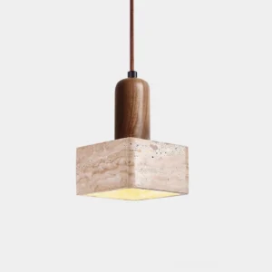 Travertine and solid wood pendant lamp with minimalist wabi-sabi design, front view on white background