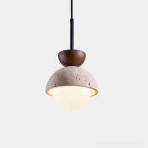 Modern wabi-sabi travertine wood pendant lamp overhead view with frosted glass globe and earth tone color palette