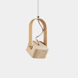 Leitura travertine wood pendant light front view modern minimalist hanging lamp beige stone