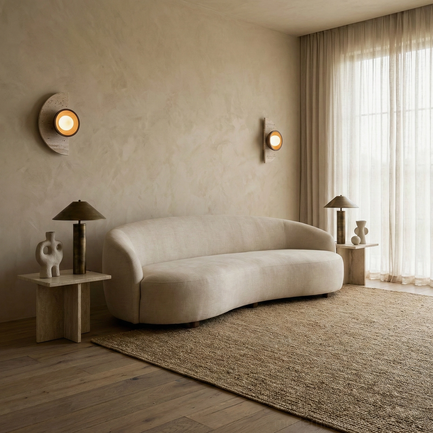 Travertine and wood modern wall sconce close-up showing texture, material quality, and minimalist semicircular form