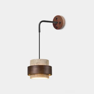 Travertine and walnut wood wall sconce front view - modern minimalist design with natural stone texture