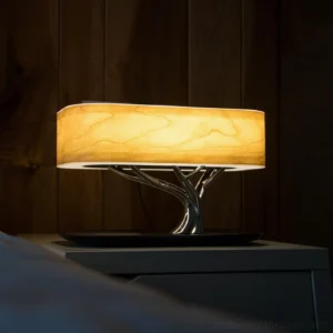 Modern Tree of Life table lamp with Bluetooth speaker on bedroom nightstand, warm ambient lighting effect