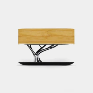 Tree of Life LED table lamp with wireless charging base, front studio view showing wood veneer shade and chrome branching stand