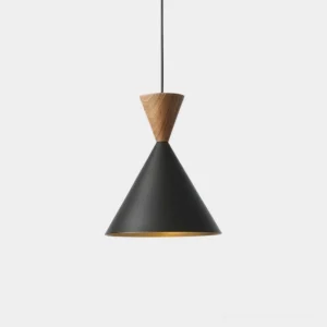 Trevio modern conical pendant light with black exterior and gold interior metallic finish, walnut wood accent top - minimalist geometric design front view
