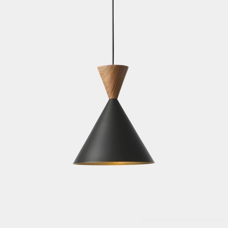 Trevio modern conical pendant light with black exterior and gold interior metallic finish, walnut wood accent top - minimalist geometric design front view